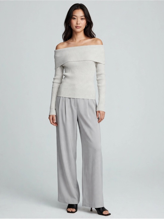 Pink Rose Sweaters - Pink Rose Off-the-Shoulder Ribbed Sweater in Light Gray
